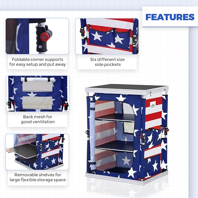 EAGLE PEAK Outdoor Folding Camping Table with Large 3-Tier Storage Organizer and Side Pockets, Easy Set Up Portable Aluminum Camping Kitchen, American Flag