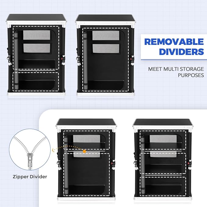 EAGLE PEAK Outdoor Folding Camping Table with Large 3-Tier Storage Organizer and Side Pockets, Easy Set Up Portable Aluminum Camping Kitchen, Black