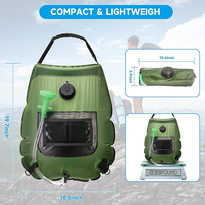 Solar Portable Shower Bag, 5 Gal/20L Solar Heating Outdoor Camping Shower Bag with On-Off Switchable Shower Head&Removable Hose Suitable for Camping, Hiking, Travel, Beach Swimming