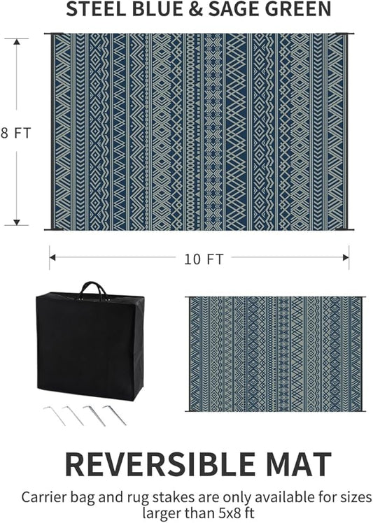 MontVoo Outdoor Rug 8x10 Waterproof Outdoor Patio Rug Mat Reverisble Plastic Straw Outdoor Rug for RV Camping Picnic Beach Balcony Boho Blue Green
