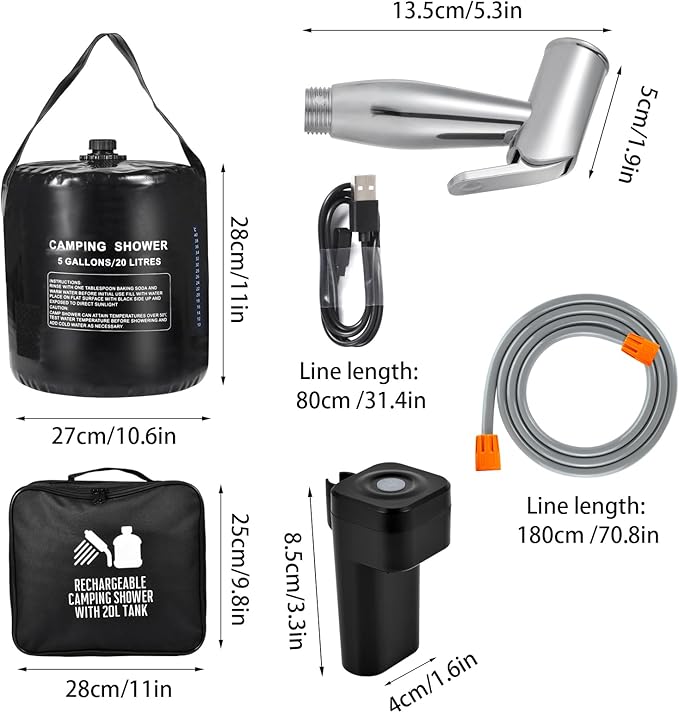 Portable camping shower,5 gallon/20 liter black PVC water bag,electric air pump,outdoor camping shower, solar water heater shower,built-in thermometer,beach,camping,hiking,outdoor shower ideal choice