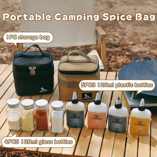 HIKEMAN Camping Portable Spice Set with 9 Spice Containers Pepper & Salt Spice Shakers, Separable Storage Bag for Outdoor Travel Camping BBQ Picnic