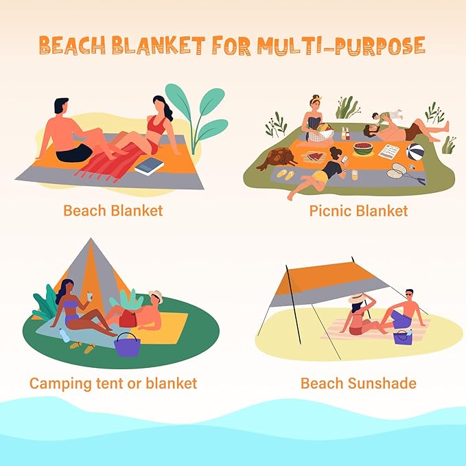 Beach Blanket Waterproof Sandproof 1-7 Adult Oversized 78 '' × 81 '' Lightweight Durable Compact Sand Free Beach Mat for Travel Camping Hiking Picnic Blanket