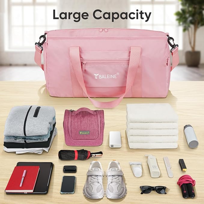 BALEINE Gym Bag for Women and Men, Duffel Bag for Sports, Gyms and Weekend Getaway, Waterproof Dufflebag with Shoe and Wet Clothes Compartments, Lightweight Carryon Gymbag (Pink)