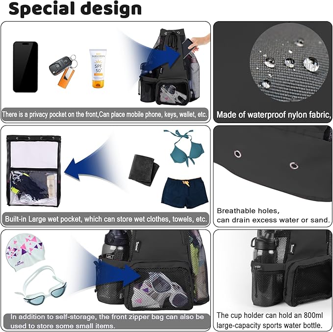 Swim Bag Beach Backpack with Padded Shoulder Strap Mesh Backpack with Wet Pocket for Swimming, Gym