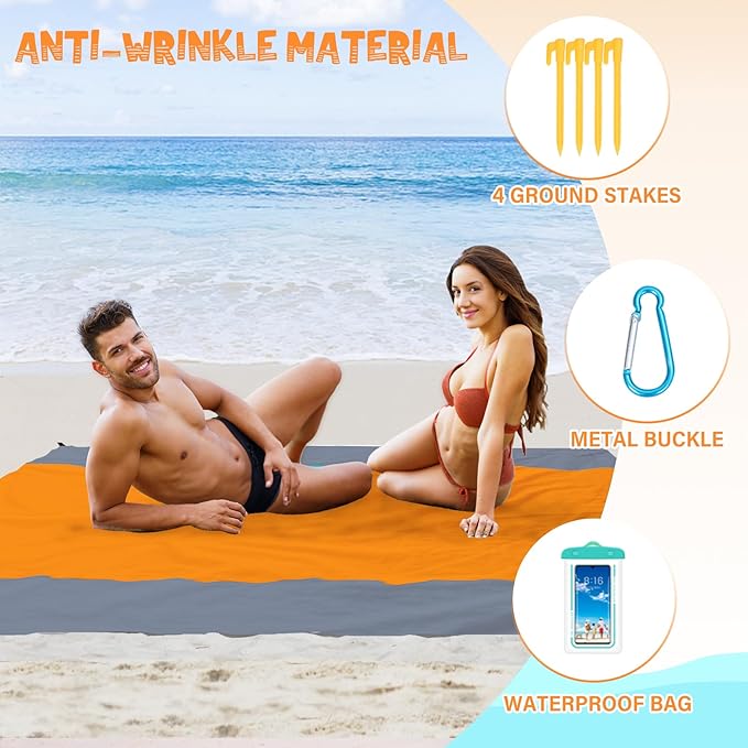 Beach Blanket Waterproof Sandproof 1-7 Adult Oversized 78 '' × 81 '' Lightweight Durable Compact Sand Free Beach Mat for Travel Camping Hiking Picnic Blanket