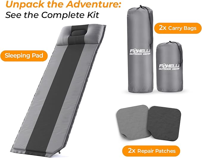 Foxelli Self Inflating Sleeping Pad for Camping, Backpacking, Hiking, Insulated Foam Lightweight Camping Mat, Inflatable Camp Mattress with Pillow