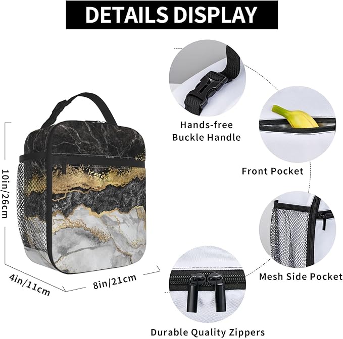 Black Grey Gold Marble Insulated Lunch Bag Reusable Cooler Lunch Box Portable Leakproof Thermal Container Tote Bags for Girls Boys School Travel