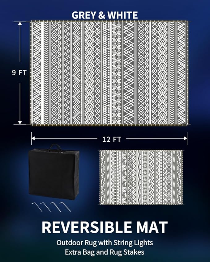MontVoo-Outdoor Rug Carpet 9x12 ft for Patio RV Camping with Led Strip Lights Waterproof Plastic Straw Rug Reversible Portable Outside Indoor Outdoor Rug Mat for Patio Decor Balcony Picnic-Boho Rug