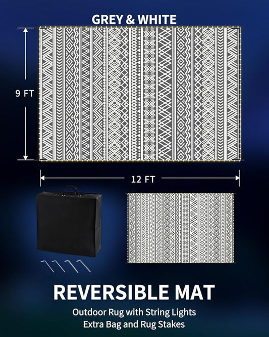 MontVoo-Outdoor Rug Carpet 9x12 ft for Patio RV Camping with Led Strip Lights Waterproof Plastic Straw Rug Reversible Portable Outside Indoor Outdoor Rug Mat for Patio Decor Balcony Picnic-Boho Rug
