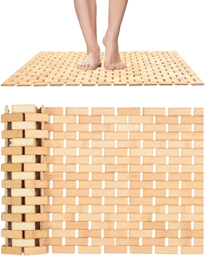 downluxe Bamboo Bath Mat for Bathroom - Waterproof Bamboo Shower Mat Non Slip, Foldable Bathroom Floor Mat for Indoor & Outdoor (Natural Color, 15" X 27", Medium)