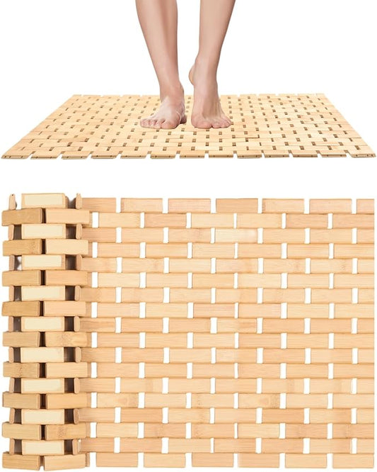 downluxe Bamboo Bath Mat for Bathroom - Waterproof Bamboo Shower Mat Non Slip, Foldable Bathroom Floor Mat for Indoor & Outdoor (Natural Color, 15" X 27", Medium)