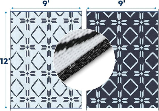 Kohree RV Outdoor Rug 9x12 Reversible, Waterproof RV Awning Rug Patio Mat with 4 Stakes & UV Resistant, Non-Slip Outdoor Camping Mat for Picnic, Backyard, Includes Carry Bag (Blue)