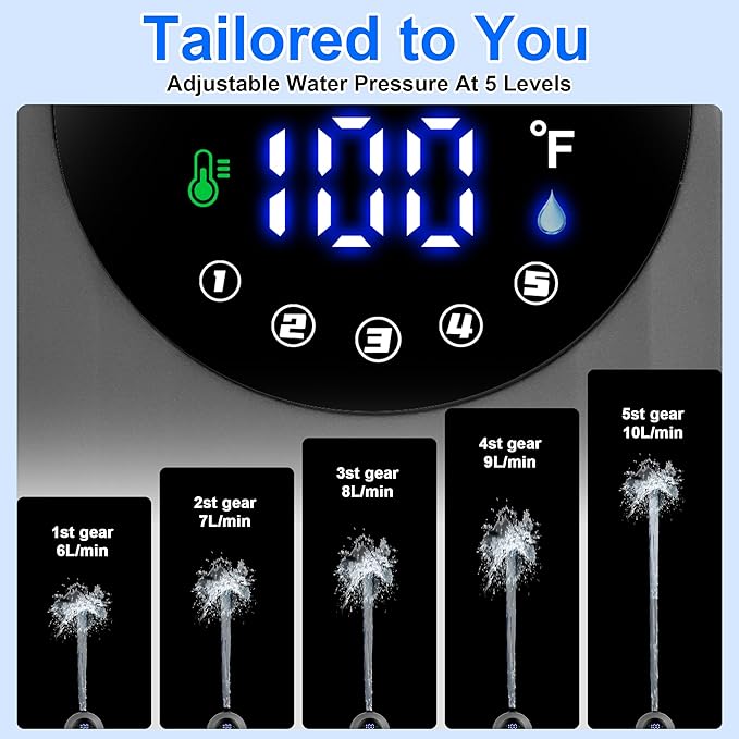 Lightweight Portable Camping Shower, 6000mAh Rechargeable Outdoor Shower Pump with 5 Pressure Modes, Filtered Shower Head, Temperature & Power Display for Hiking, Travel, Washing, Emergency