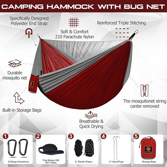 Camping Hammock, Portable Hammocks with Mosquito Net,Lightweight Nylon Parachute Hammock with 10ft Tree Straps,Camping Gear Must Haves for Travel Hiking Backpacking Beach Patio-Red&Grey