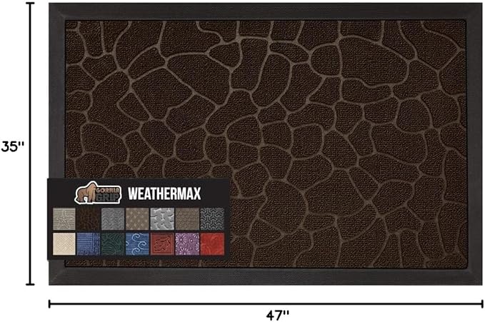 GORILLA GRIP 100% Waterproof All-Season WeatherMax Doormat, 47x35, Durable Natural Rubber, Stain and Fade Resistant, Low Profile, Indoor Outdoor Door Mats, Easy Clean Entry Mat, Dark Brown Pebble