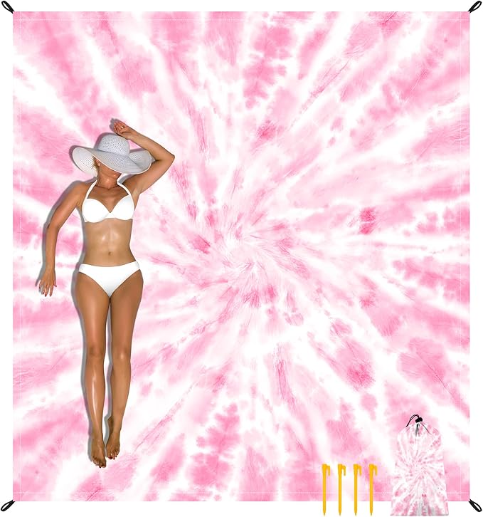 Large Beach Blanket Sandproof, Beach Mat Sand Free Waterproof, Pink Tie-Dye Picnic Blankets Lightweight Quick Drying & Compact, Polyester Outdoor Blanket Beach Essentials Must Have Accesorries