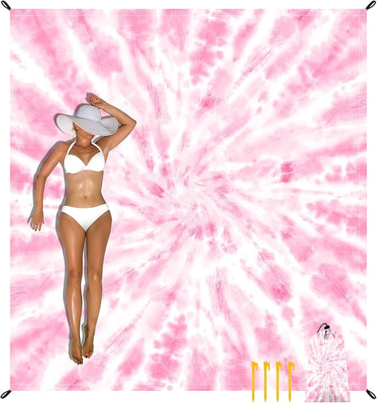 Large Beach Blanket Sandproof, Beach Mat Sand Free Waterproof, Pink Tie-Dye Picnic Blankets Lightweight Quick Drying & Compact, Polyester Outdoor Blanket Beach Essentials Must Have Accesorries