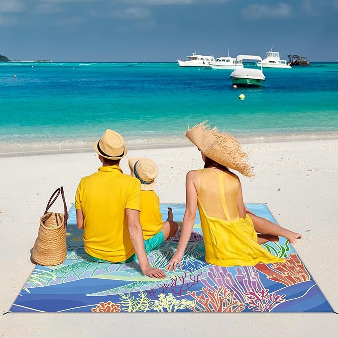 Beach Blanket Waterproof Sandproof Large Beach Mat 79" X 83" for 2-4 Adults Sand Free Mat Quick Drying,Lightweight & Durable with 4 Stakes & 4 Corner Pockets for Beach Travel Camping.(Sea Turtle)
