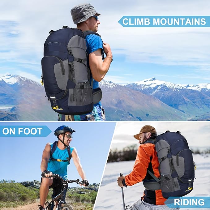 ShowyLive 60L Waterproof Hiking and Camping Backpack for Men - Durable, Lightweight Large Hiking Backpack with Rain Cover, Multi Compartments, and Adjustable Straps, Blue