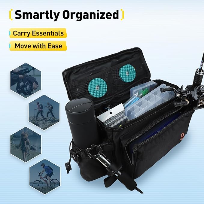 Small Fishing Bag with Rod Strap, Small Tackle Bag – Tackle Boxes & Gear,Portable & Lightweight, Move Freely, Cast Smoothly - Fishing Gifts for Men (Large - Black)