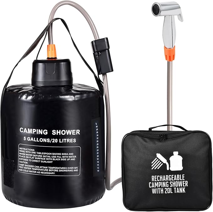 Portable camping shower,5 gallon/20 liter black PVC water bag,electric air pump,outdoor camping shower, solar water heater shower,built-in thermometer,beach,camping,hiking,outdoor shower ideal choice