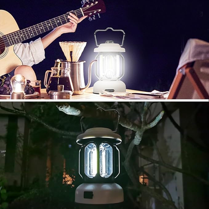 Camping Lantern Rechargeable, 360° Brightness Dimmable Retro Camping Light, Hanging Vintage Camping Lamp Outdoor Tent Light for Power Outage, Hurricane, Emergency, 3A Battery Included, White