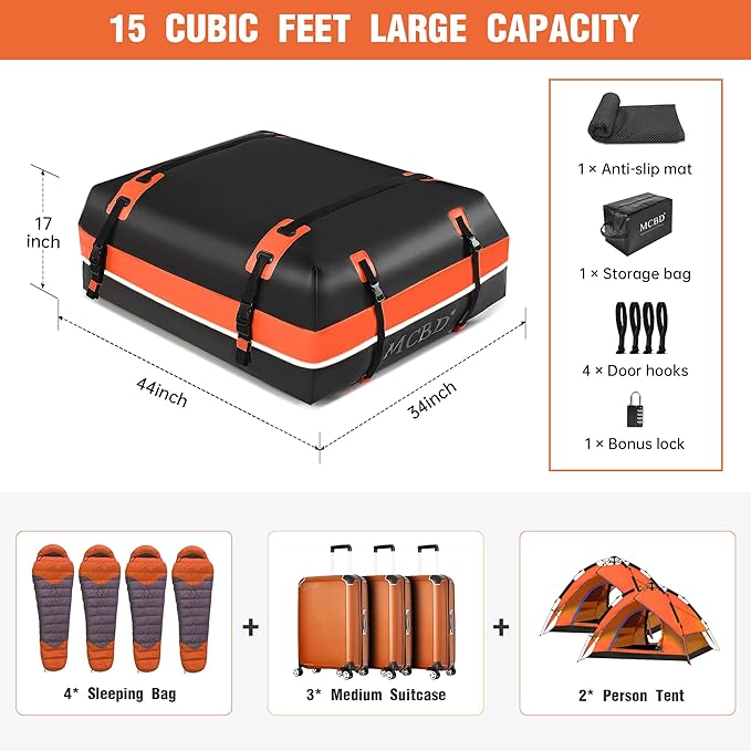 Rooftop Cargo Carrier Bag,15 Cubic Feet Soft-Shell Waterproof Car Roof Luggage Bag for All Vehicles SUV with/Without Rails,Includes 8 Reinforced Straps+4 Door Hooks,Storage Bag,Anti-Slip Mat,Orange