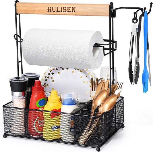HULISEN Grill Caddy for Outdoor Grill, BBQ Caddy with Paper Towel Holder for Plates, Silverware, Utensils - Picnic & Barbeque & Camping Essentials Accessories for Tailgating, Camper, RV, Backyard