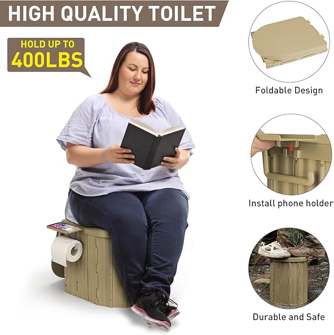 Portable Camping Toilet with Pop-Up Privacy Tent, 12-inch Toilet Seat, Outdoor Portable Folding Toilet Potty for Adults Load Capacity of 400 Lbs, LED-Light Camping Bathroom
