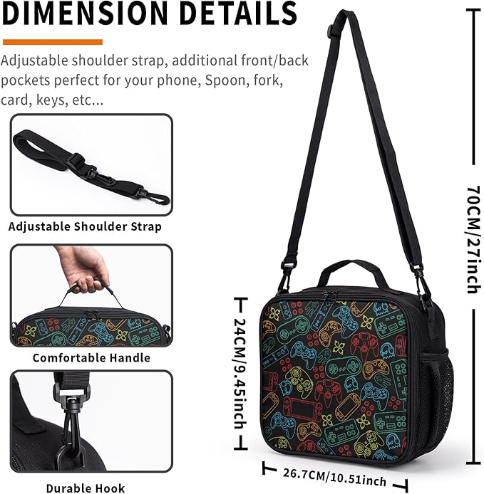 Gaming Black Lunch Bag Colorful Game Themed Lunch Boxes for Women/Man Office Work Travel School Work Picnic Durable Reusable Insulated Large Lunch Tote Bag with Adjustable Shoulder Strap