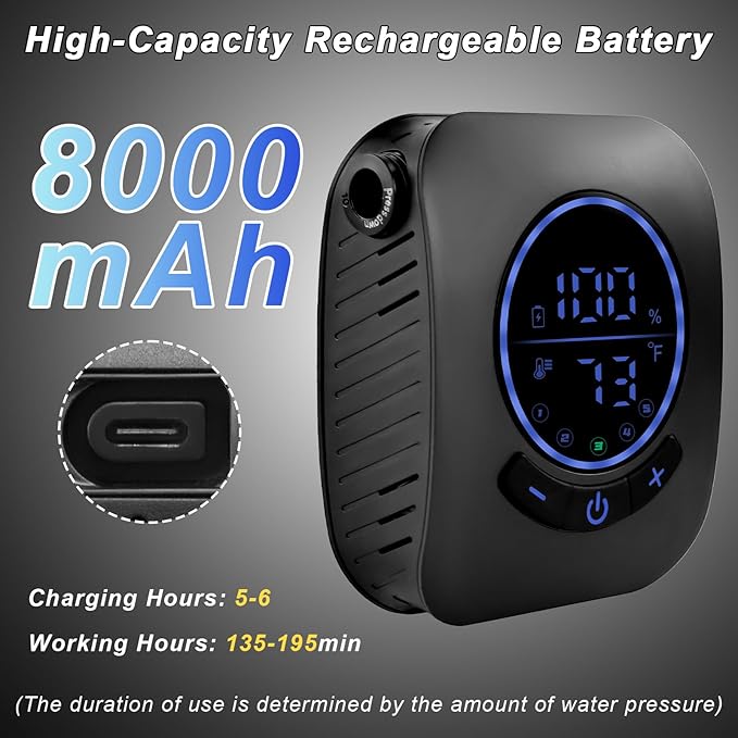 Portable Shower for Camping - 8000mAh Rechargeable Outdoor Shower Pump with 5 Pressure Modes, LED Display, IPX8 Waterproof, Lightweight Design for Hiking, Travel, Pet Cleaning, and Emergency