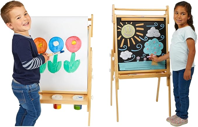 Colorations All in One Wooden Adjustable Easel for Kids, Ages 2-6 + |32", 37", & 41" Heights | Toddler, Preschool, & Kindergarten Art Stand with Whiteboard & Chalkboard | Magnetic
