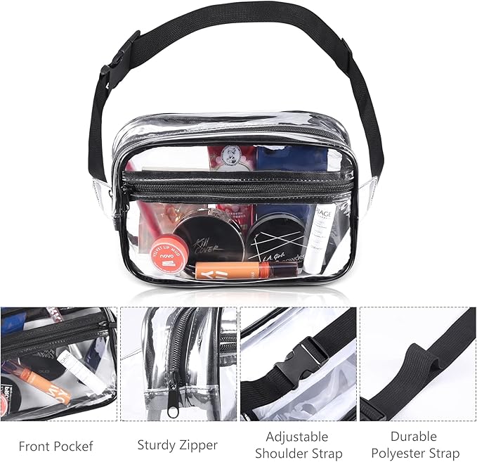 ORIA Clear Fanny Pack, Stadium Approved Waist Pack for Women Men, Waterproof Clear Waist Bag, Transparent Adjustable Belt Bag for Sports, Travel, Beach