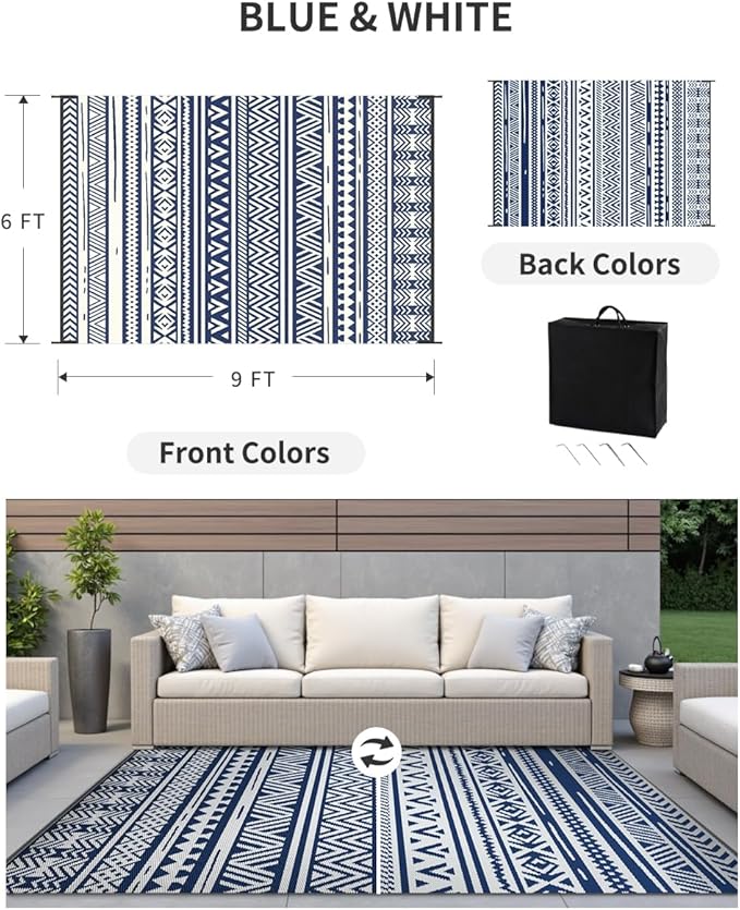 MontVoo Outdoor Rug Carpet Waterproof 6x9 Outdoor Patio Rug Mat Reverisble Plastic Straw Outdoor Rug for RV Camping Picnic Beach Balcony Boho Navy Blue