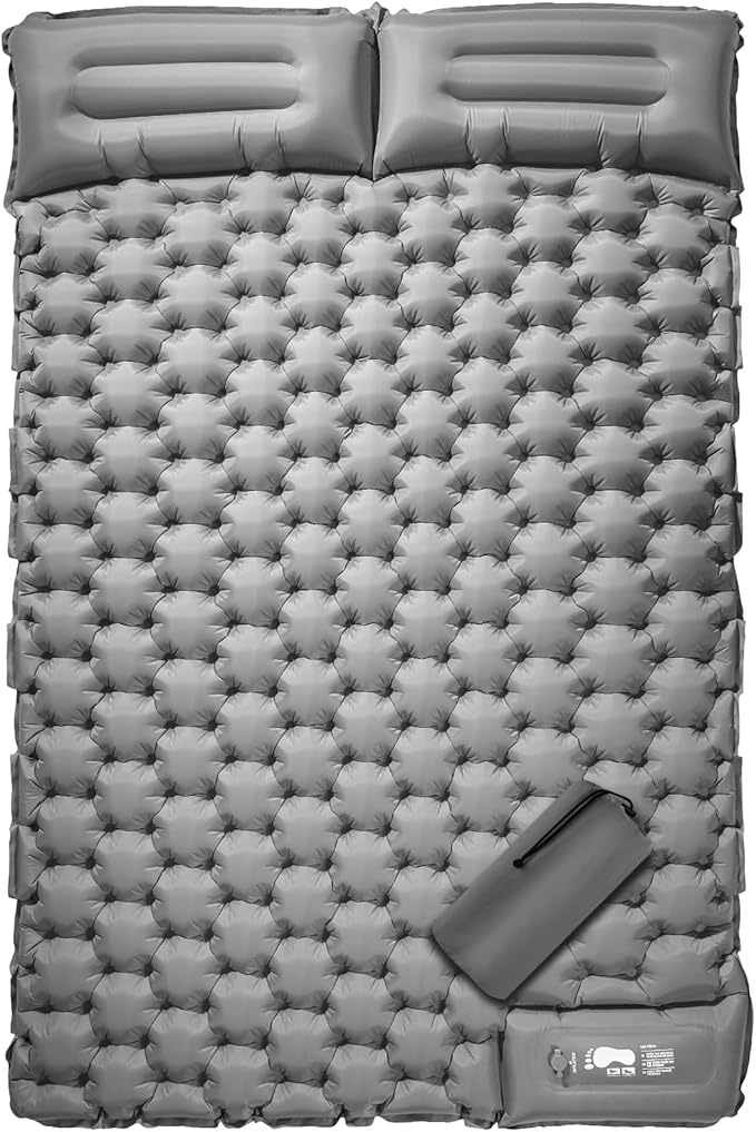 LAMA Double Sleeping Pad for Camping, 2 Persons Self Inflating Camping Mat for Sleeping, Ultralight Sleeping Mat with Pillow Built-in Pump, Ultra-Thick Air Mattress for Backpacking, Hiking, Grey