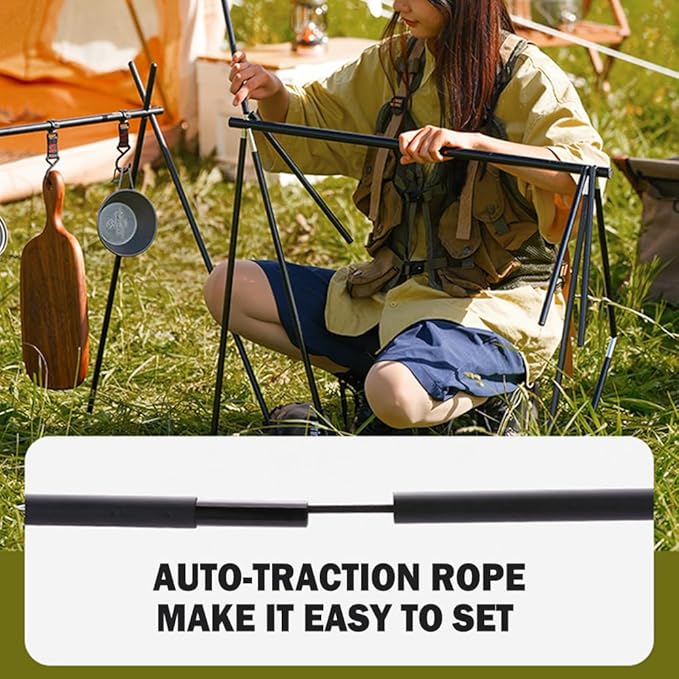 Foldable Tripod Camping Hanging Rack - 4 Hooks Outdoor Cookware Storage Portable, Outdoor Camping Folding Rack (Large)