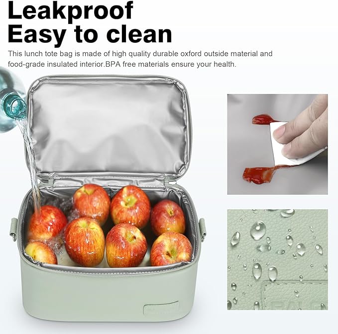 BALORAY Lunch Bag for Women Men, Double Deck Lunch Box for Adults, PU Leather Lunch Tote Bag Insulated Lunch Bags with Strap for Work Office Picnic