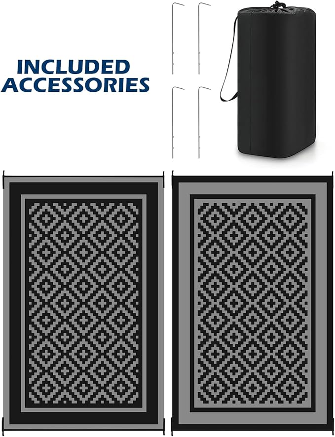Kohree RV Outdoor Rug 9x12 Reversible, Waterproof Patio Mat with 4 Stakes & UV Fade Resistant, Non-Slip Outdoor Camping Mat for Deck, Picnic, Backyard, Includes Carry Bag (Black & Gray)