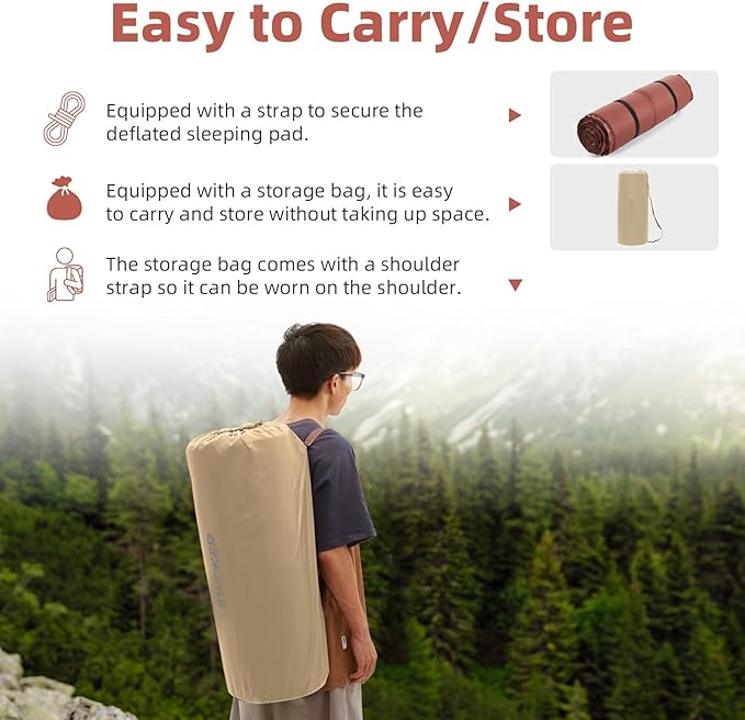 INVOKER 3.15" Self-Inflating Camping Sleeping Pad, Ultra-Thick Foam Fast Inflating Camping Mat Air Mattress with Pillow, 4-Season Insulated for Tent, Car, Camping, Travel, Khaki with Pink-Orange