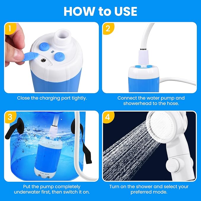 Portable Camping Shower Outdoor Camp Shower Pump,Upgrade Rechargeable Electric Shower Pump with Intelligent Digital Display Multiple Spray Modes for Camping, Hiking, Traveling,RV