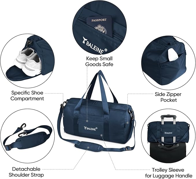 BALEINE Gym Bag for Women and Men, Small Duffel Bag for Sports, Gyms and Weekend Getaway, Waterproof Dufflebag with Shoe and Wet Clothes Compartments, Lightweight Carryon Gymbag (Blue)