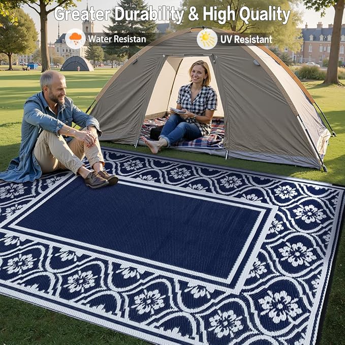 Plastic Outdoor Rug 6'x9' Waterproof Camping Carpet Outside Reversible Area Rug Blue Rugs for RV Deck Entryance Porch Picnic Balcony Beach