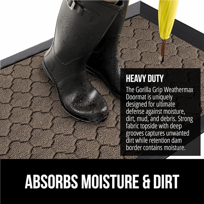 GORILLA GRIP 100% Waterproof All-Season WeatherMax Doormat, 47x35, Durable Natural Rubber, Stain and Fade Resistant, Low Profile, Indoor Outdoor Doormats, Easy Clean Patio Entry Mat, Latte Quatrefoil