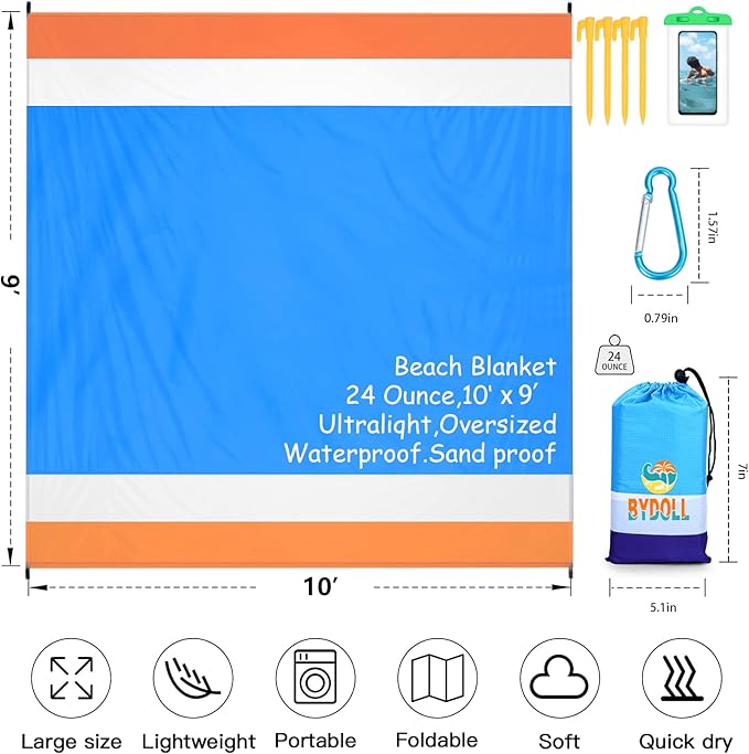 BYDOLL Beach Blanket Waterproof Sandproof 78''×81'' 1-7 Adults Oversized Lightweight Large Picnic Mat Waterproof Sandproof Blanket for Beach