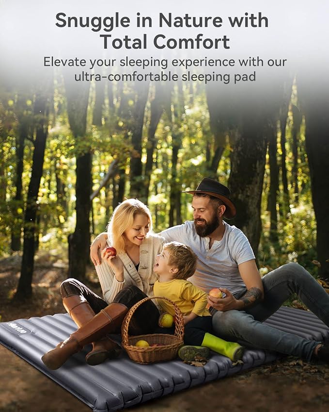 Hikenture Double Sleeping Pad for Camping, 4" Extra-Thick Camping Mattress 2 Person, Inflatable & Ultralight Sleeping Mat for Backpacking, Hiking (Grey Foot Pump, Full XL)