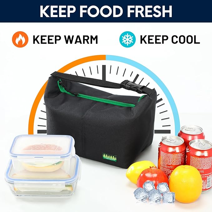 Haimont Small Insulated Lunch Bag for Women Men, Portable Lunch Tote Cooler with Buckle, Leakproof Reusable Lunchbox for Work Picnic Travel, Black