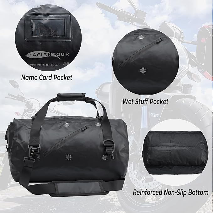 40L Waterproof Motorcycle Duffel Bag - Motorcycle Luggage Tail Bag with Straps for Back Seat - Roll Top Dry Bag for Kayaking, Rafting, Boating, Camping, Travel, Beach (Black)
