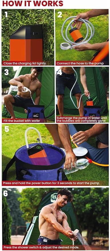 Elil Portable Camping Shower Pump with 3 Gallon Collapsible Bucket - Rechargeable Battery Camp Shower Electric Shower, Portable Shower for Camping Shower Tents