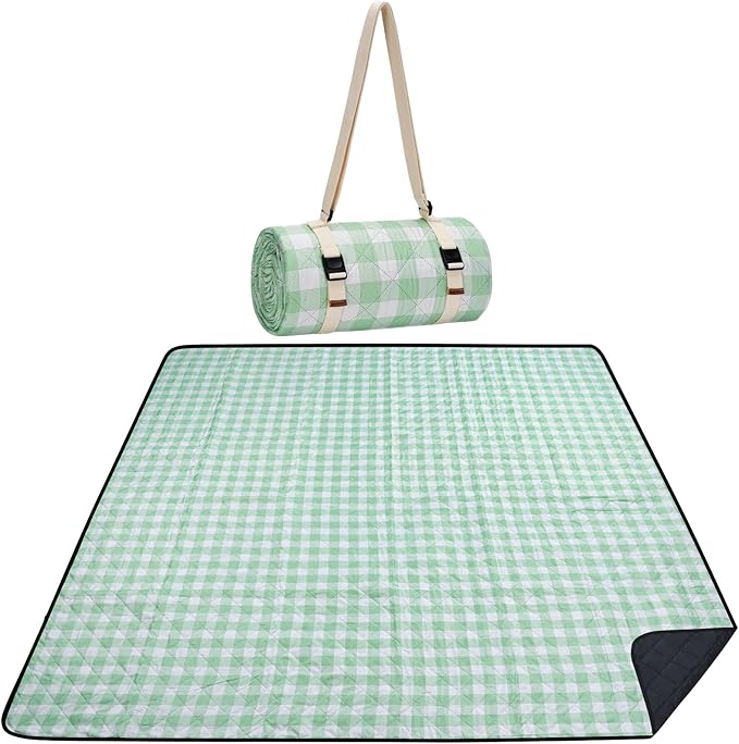 Picnic Blanket, 80''x80'' Waterproof Outdoor Blankets, Picnic Mat Washable for Beach, Picnic Blankets for Camping on Grass with Shoulder Strap - Green & White